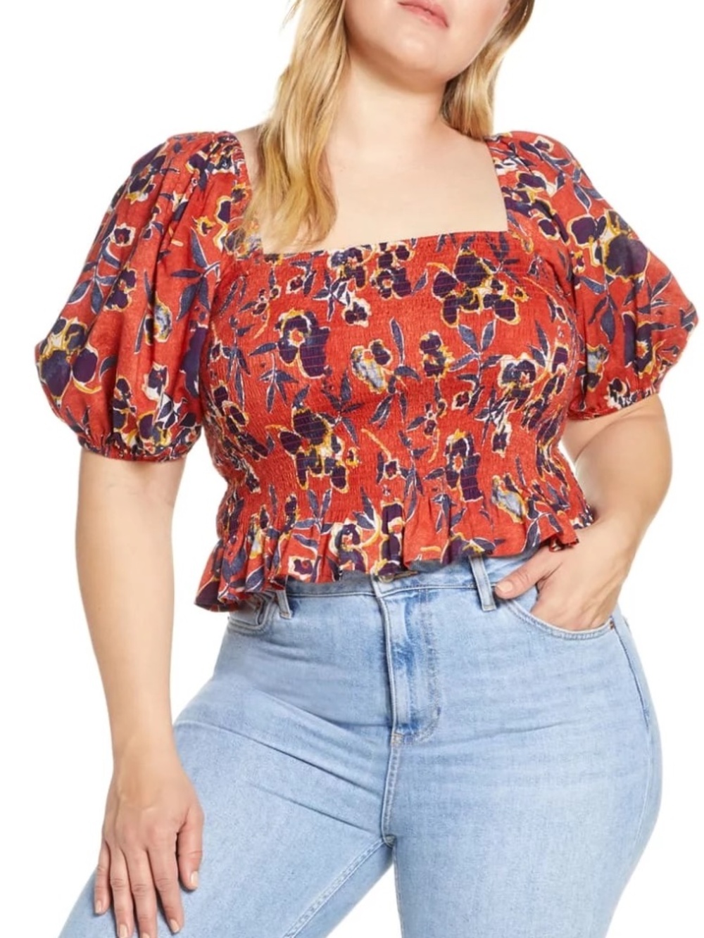 BP (Brass Plum) Print Smocked Crop Top | Size L